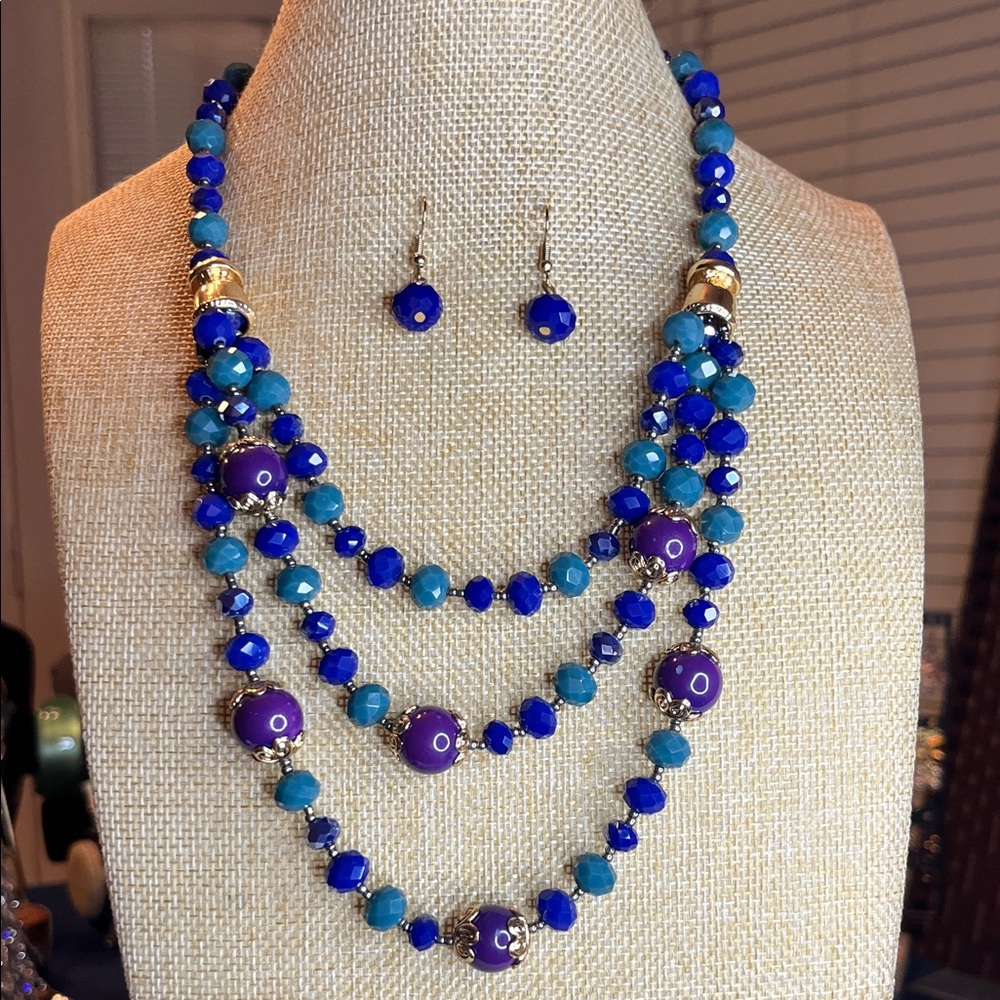 Elegant Blue, Green, Purple Glass Faced Beaded And Crystal Necklace And Earrings